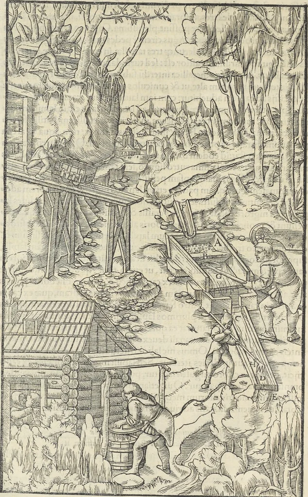 An illustration from Georgii Agricolae De re metallica : libri XII. Quibus officia, instrumenta, machinae, ac omnia deni[que] ad metallicam spectantia, non modo luculentissimè describuntur, sed & per effigies, suis locis infertas, adiunctis latinis, germanicis [que] appellationibus ita ob oculos ponuntur, ut clarius tradi non possint. ; Eiusdem De animantibus subterraneis liber,, 1556, leaf 291