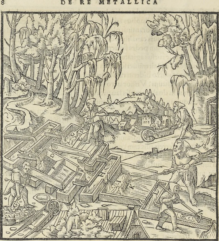 An illustration from Georgii Agricolae De re metallica : libri XII. Quibus officia, instrumenta, machinae, ac omnia deni[que] ad metallicam spectantia, non modo luculentissimè describuntur, sed & per effigies, suis locis infertas, adiunctis latinis, germanicis [que] appellationibus ita ob oculos ponuntur, ut clarius tradi non possint. ; Eiusdem De animantibus subterraneis liber,, 1556, leaf 293