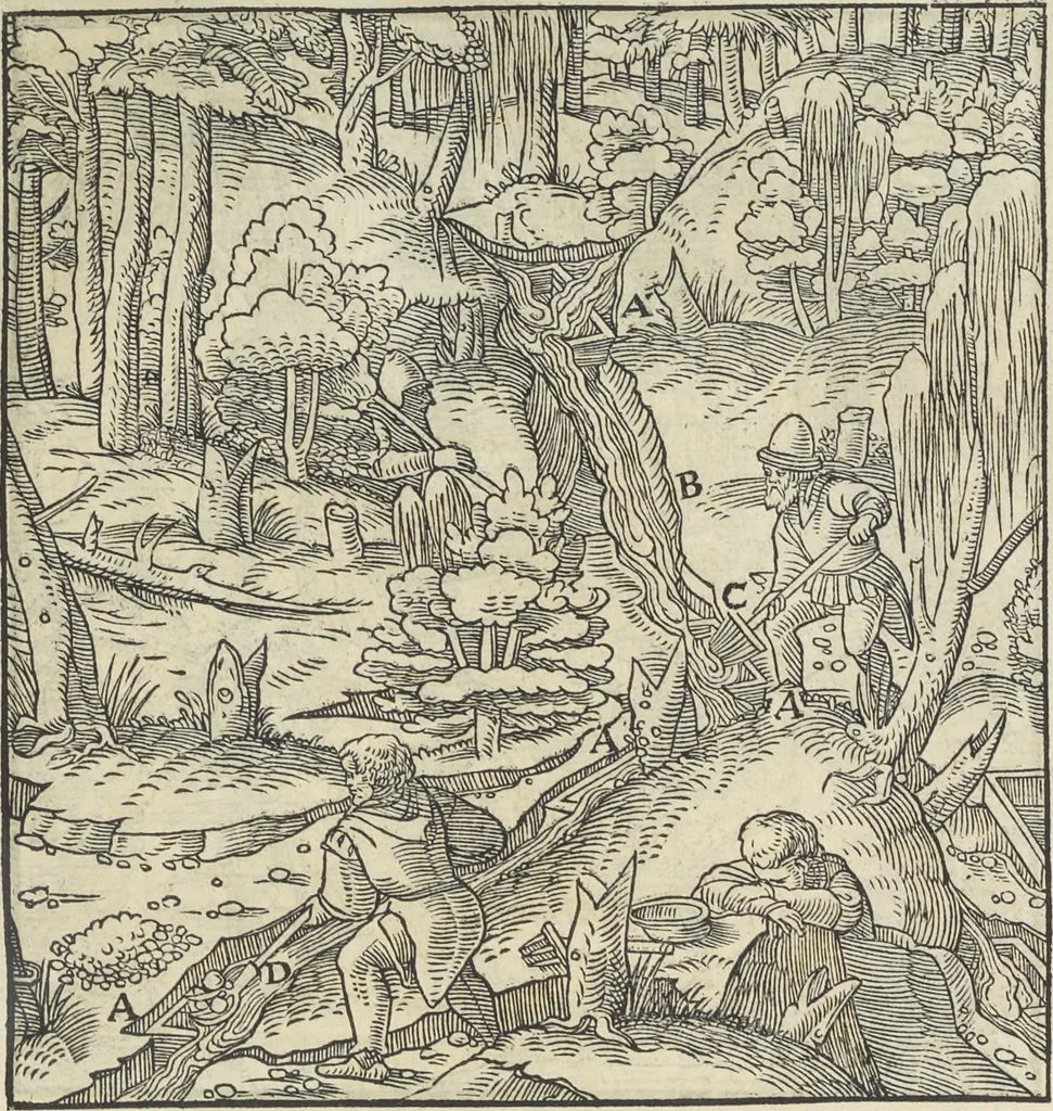 An illustration from Georgii Agricolae De re metallica : libri XII. Quibus officia, instrumenta, machinae, ac omnia deni[que] ad metallicam spectantia, non modo luculentissimè describuntur, sed & per effigies, suis locis infertas, adiunctis latinis, germanicis [que] appellationibus ita ob oculos ponuntur, ut clarius tradi non possint. ; Eiusdem De animantibus subterraneis liber,, 1556, leaf 294