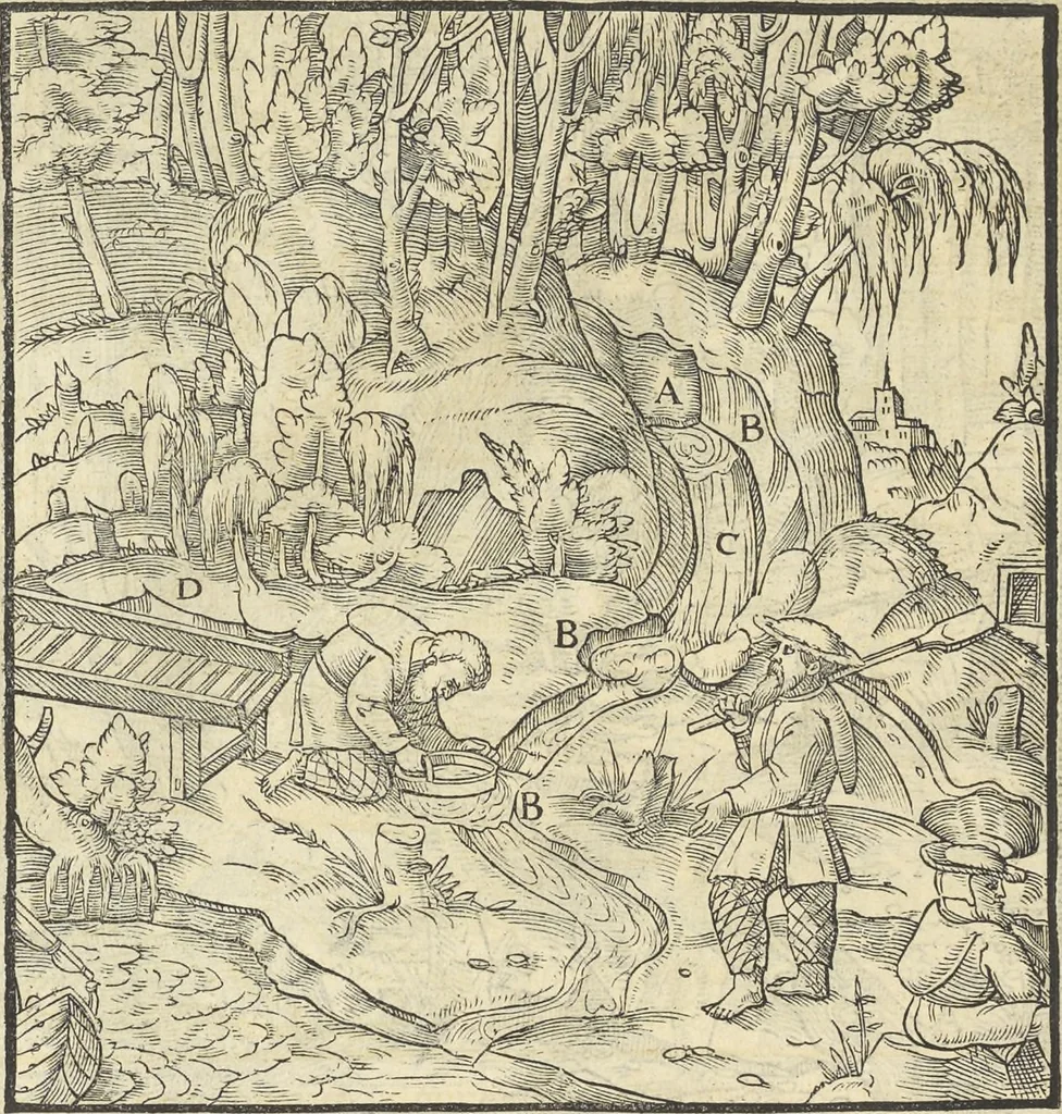 An illustration from Georgii Agricolae De re metallica : libri XII. Quibus officia, instrumenta, machinae, ac omnia deni[que] ad metallicam spectantia, non modo luculentissimè describuntur, sed & per effigies, suis locis infertas, adiunctis latinis, germanicis [que] appellationibus ita ob oculos ponuntur, ut clarius tradi non possint. ; Eiusdem De animantibus subterraneis liber,, 1556, leaf 295