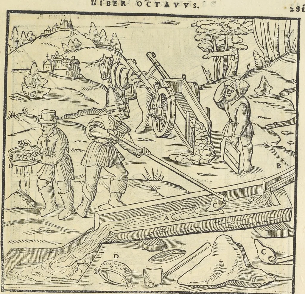 An illustration from Georgii Agricolae De re metallica : libri XII. Quibus officia, instrumenta, machinae, ac omnia deni[que] ad metallicam spectantia, non modo luculentissimè describuntur, sed & per effigies, suis locis infertas, adiunctis latinis, germanicis [que] appellationibus ita ob oculos ponuntur, ut clarius tradi non possint. ; Eiusdem De animantibus subterraneis liber,, 1556, leaf 296