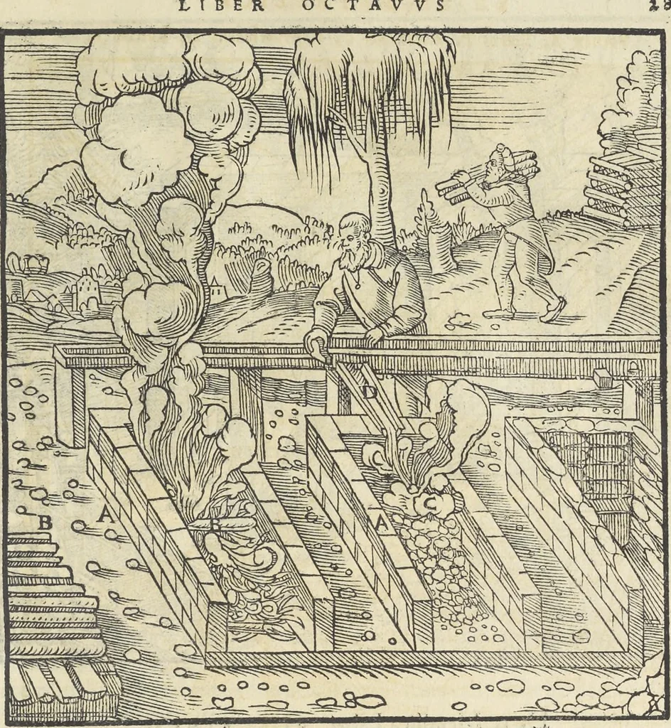 An illustration from Georgii Agricolae De re metallica : libri XII. Quibus officia, instrumenta, machinae, ac omnia deni[que] ad metallicam spectantia, non modo luculentissimè describuntur, sed & per effigies, suis locis infertas, adiunctis latinis, germanicis [que] appellationibus ita ob oculos ponuntur, ut clarius tradi non possint. ; Eiusdem De animantibus subterraneis liber,, 1556, leaf 298