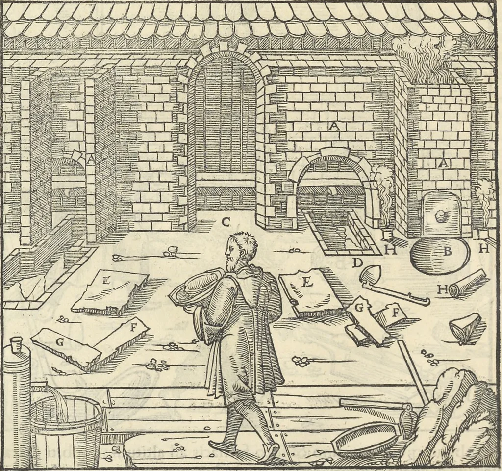 An illustration from Georgii Agricolae De re metallica : libri XII. Quibus officia, instrumenta, machinae, ac omnia deni[que] ad metallicam spectantia, non modo luculentissimè describuntur, sed & per effigies, suis locis infertas, adiunctis latinis, germanicis [que] appellationibus ita ob oculos ponuntur, ut clarius tradi non possint. ; Eiusdem De animantibus subterraneis liber,, 1556, leaf 303