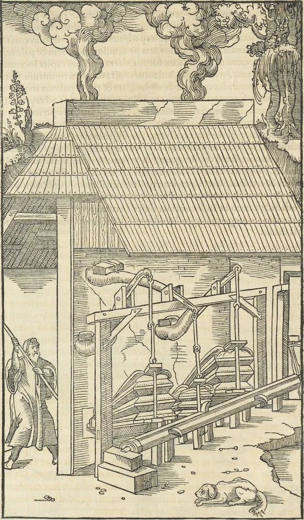 An illustration from Georgii Agricolae De re metallica : libri XII. Quibus officia, instrumenta, machinae, ac omnia deni[que] ad metallicam spectantia, non modo luculentissimè describuntur, sed & per effigies, suis locis infertas, adiunctis latinis, germanicis [que] appellationibus ita ob oculos ponuntur, ut clarius tradi non possint. ; Eiusdem De animantibus subterraneis liber,, 1556, leaf 305