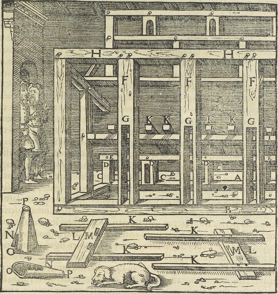 An illustration from Georgii Agricolae De re metallica : libri XII. Quibus officia, instrumenta, machinae, ac omnia deni[que] ad metallicam spectantia, non modo luculentissimè describuntur, sed & per effigies, suis locis infertas, adiunctis latinis, germanicis [que] appellationibus ita ob oculos ponuntur, ut clarius tradi non possint. ; Eiusdem De animantibus subterraneis liber,, 1556, leaf 314