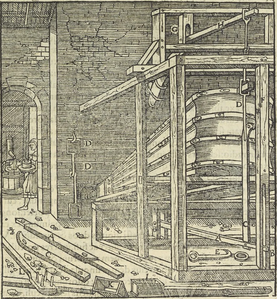 An illustration from Georgii Agricolae De re metallica : libri XII. Quibus officia, instrumenta, machinae, ac omnia deni[que] ad metallicam spectantia, non modo luculentissimè describuntur, sed & per effigies, suis locis infertas, adiunctis latinis, germanicis [que] appellationibus ita ob oculos ponuntur, ut clarius tradi non possint. ; Eiusdem De animantibus subterraneis liber,, 1556, leaf 316