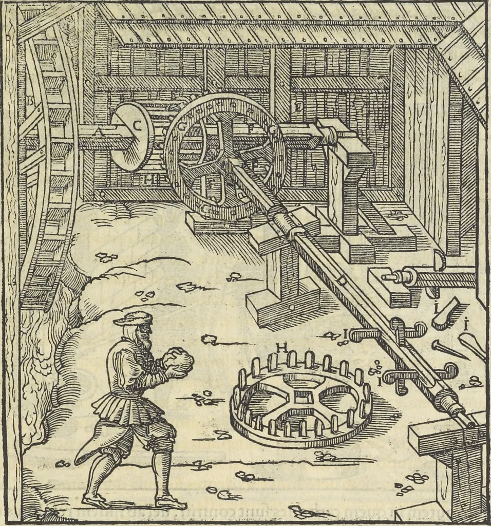 An illustration from Georgii Agricolae De re metallica : libri XII. Quibus officia, instrumenta, machinae, ac omnia deni[que] ad metallicam spectantia, non modo luculentissimè describuntur, sed & per effigies, suis locis infertas, adiunctis latinis, germanicis [que] appellationibus ita ob oculos ponuntur, ut clarius tradi non possint. ; Eiusdem De animantibus subterraneis liber,, 1556, leaf 318