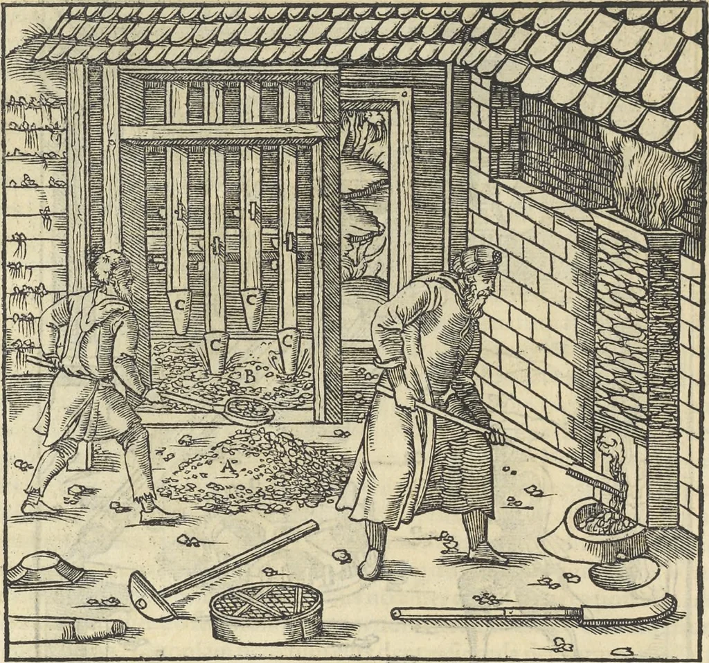 An illustration from Georgii Agricolae De re metallica : libri XII. Quibus officia, instrumenta, machinae, ac omnia deni[que] ad metallicam spectantia, non modo luculentissimè describuntur, sed & per effigies, suis locis infertas, adiunctis latinis, germanicis [que] appellationibus ita ob oculos ponuntur, ut clarius tradi non possint. ; Eiusdem De animantibus subterraneis liber,, 1556, leaf 319