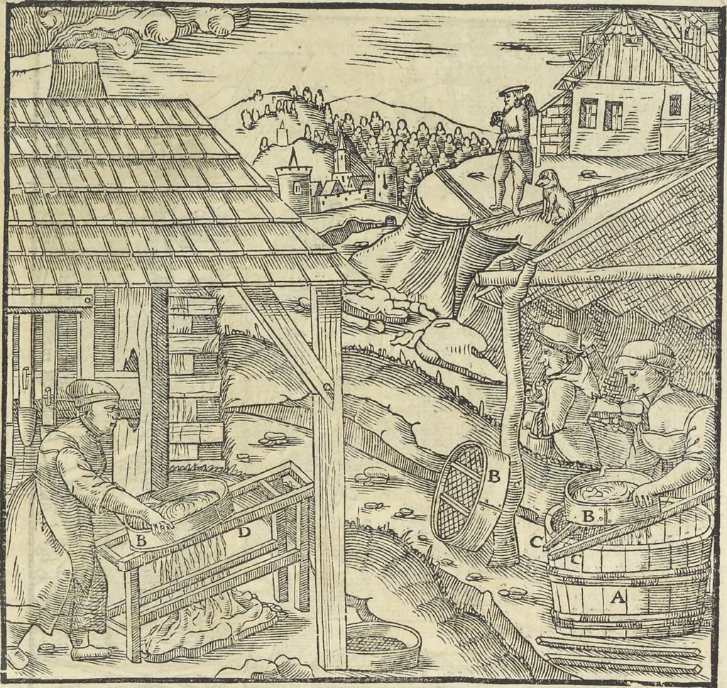 An illustration from Georgii Agricolae De re metallica : libri XII. Quibus officia, instrumenta, machinae, ac omnia deni[que] ad metallicam spectantia, non modo luculentissimè describuntur, sed & per effigies, suis locis infertas, adiunctis latinis, germanicis [que] appellationibus ita ob oculos ponuntur, ut clarius tradi non possint. ; Eiusdem De animantibus subterraneis liber,, 1556, leaf 320