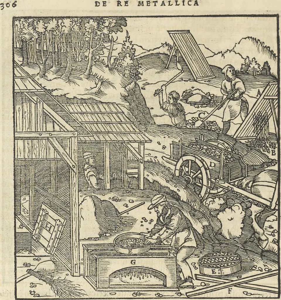 An illustration from Georgii Agricolae De re metallica : libri XII. Quibus officia, instrumenta, machinae, ac omnia deni[que] ad metallicam spectantia, non modo luculentissimè describuntur, sed & per effigies, suis locis infertas, adiunctis latinis, germanicis [que] appellationibus ita ob oculos ponuntur, ut clarius tradi non possint. ; Eiusdem De animantibus subterraneis liber,, 1556, leaf 321