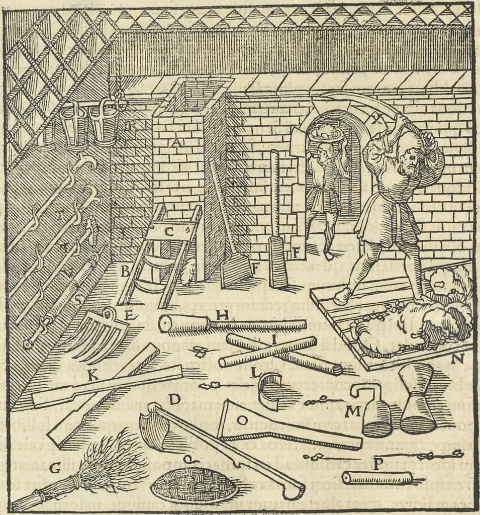 An illustration from Georgii Agricolae De re metallica : libri XII. Quibus officia, instrumenta, machinae, ac omnia deni[que] ad metallicam spectantia, non modo luculentissimè describuntur, sed & per effigies, suis locis infertas, adiunctis latinis, germanicis [que] appellationibus ita ob oculos ponuntur, ut clarius tradi non possint. ; Eiusdem De animantibus subterraneis liber,, 1556, leaf 323