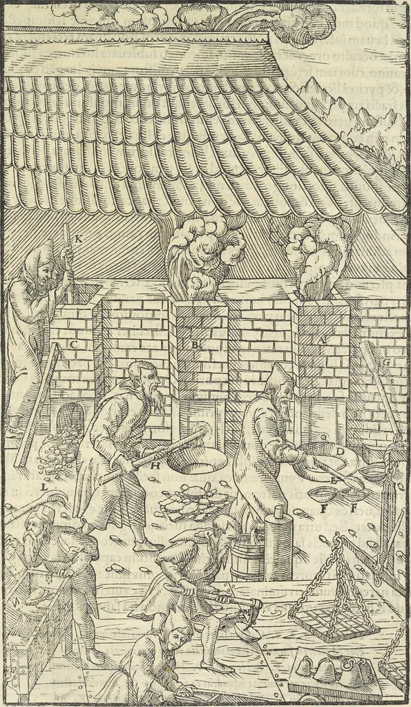 An illustration from Georgii Agricolae De re metallica : libri XII. Quibus officia, instrumenta, machinae, ac omnia deni[que] ad metallicam spectantia, non modo luculentissimè describuntur, sed & per effigies, suis locis infertas, adiunctis latinis, germanicis [que] appellationibus ita ob oculos ponuntur, ut clarius tradi non possint. ; Eiusdem De animantibus subterraneis liber,, 1556, leaf 328
