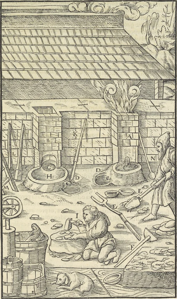 An illustration from Georgii Agricolae De re metallica : libri XII. Quibus officia, instrumenta, machinae, ac omnia deni[que] ad metallicam spectantia, non modo luculentissimè describuntur, sed & per effigies, suis locis infertas, adiunctis latinis, germanicis [que] appellationibus ita ob oculos ponuntur, ut clarius tradi non possint. ; Eiusdem De animantibus subterraneis liber,, 1556, leaf 332
