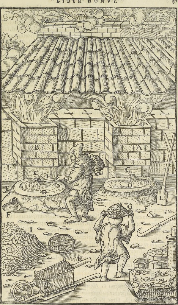 An illustration from Georgii Agricolae De re metallica : libri XII. Quibus officia, instrumenta, machinae, ac omnia deni[que] ad metallicam spectantia, non modo luculentissimè describuntur, sed & per effigies, suis locis infertas, adiunctis latinis, germanicis [que] appellationibus ita ob oculos ponuntur, ut clarius tradi non possint. ; Eiusdem De animantibus subterraneis liber,, 1556, leaf 334