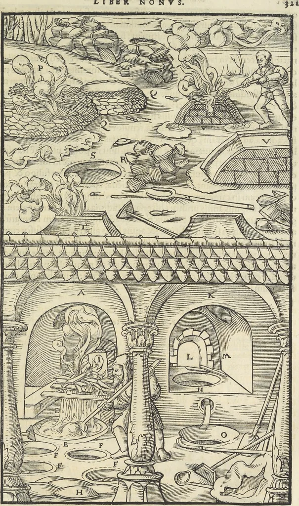An illustration from Georgii Agricolae De re metallica : libri XII. Quibus officia, instrumenta, machinae, ac omnia deni[que] ad metallicam spectantia, non modo luculentissimè describuntur, sed & per effigies, suis locis infertas, adiunctis latinis, germanicis [que] appellationibus ita ob oculos ponuntur, ut clarius tradi non possint. ; Eiusdem De animantibus subterraneis liber,, 1556, leaf 336