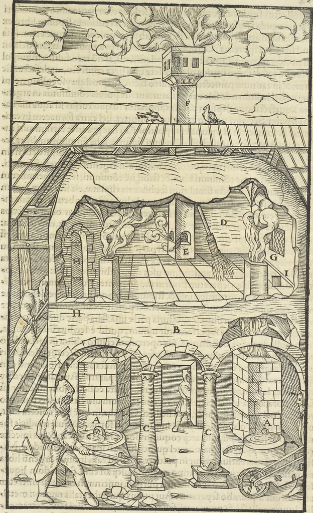 An illustration from Georgii Agricolae De re metallica : libri XII. Quibus officia, instrumenta, machinae, ac omnia deni[que] ad metallicam spectantia, non modo luculentissimè describuntur, sed & per effigies, suis locis infertas, adiunctis latinis, germanicis [que] appellationibus ita ob oculos ponuntur, ut clarius tradi non possint. ; Eiusdem De animantibus subterraneis liber,, 1556, leaf 338