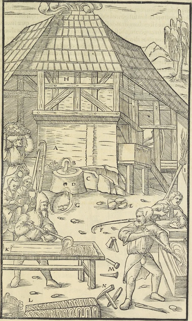 An illustration from Georgii Agricolae De re metallica : libri XII. Quibus officia, instrumenta, machinae, ac omnia deni[que] ad metallicam spectantia, non modo luculentissimè describuntur, sed & per effigies, suis locis infertas, adiunctis latinis, germanicis [que] appellationibus ita ob oculos ponuntur, ut clarius tradi non possint. ; Eiusdem De animantibus subterraneis liber,, 1556, leaf 348
