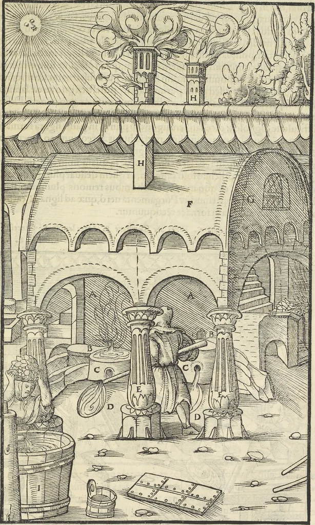 An illustration from Georgii Agricolae De re metallica : libri XII. Quibus officia, instrumenta, machinae, ac omnia deni[que] ad metallicam spectantia, non modo luculentissimè describuntur, sed & per effigies, suis locis infertas, adiunctis latinis, germanicis [que] appellationibus ita ob oculos ponuntur, ut clarius tradi non possint. ; Eiusdem De animantibus subterraneis liber,, 1556, leaf 350