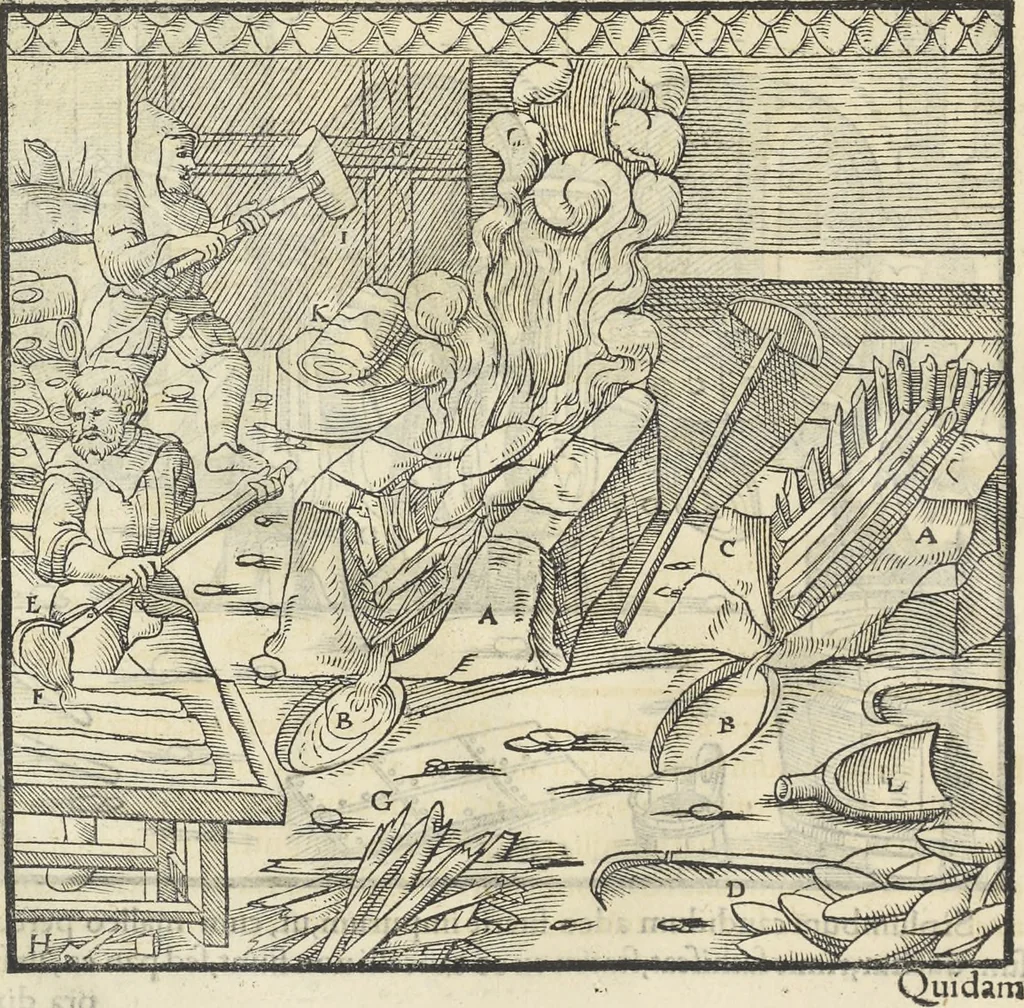An illustration from Georgii Agricolae De re metallica : libri XII. Quibus officia, instrumenta, machinae, ac omnia deni[que] ad metallicam spectantia, non modo luculentissimè describuntur, sed & per effigies, suis locis infertas, adiunctis latinis, germanicis [que] appellationibus ita ob oculos ponuntur, ut clarius tradi non possint. ; Eiusdem De animantibus subterraneis liber,, 1556, leaf 351