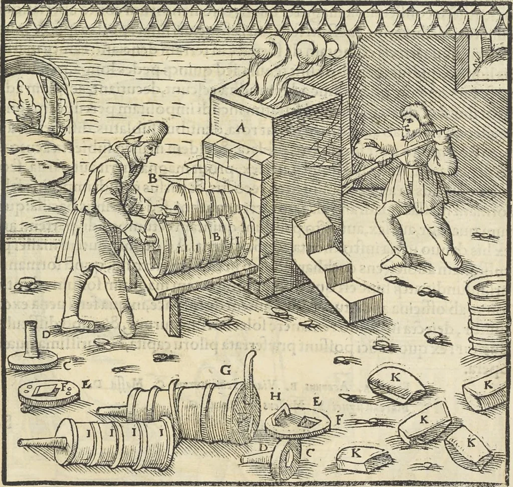 An illustration from Georgii Agricolae De re metallica : libri XII. Quibus officia, instrumenta, machinae, ac omnia deni[que] ad metallicam spectantia, non modo luculentissimè describuntur, sed & per effigies, suis locis infertas, adiunctis latinis, germanicis [que] appellationibus ita ob oculos ponuntur, ut clarius tradi non possint. ; Eiusdem De animantibus subterraneis liber,, 1556, leaf 352