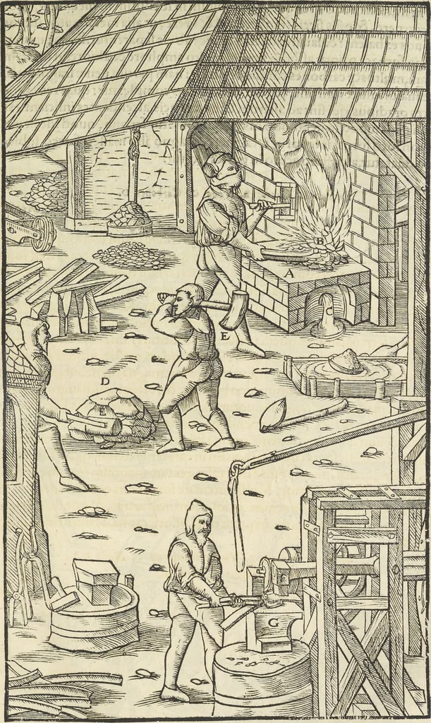 An illustration from Georgii Agricolae De re metallica : libri XII. Quibus officia, instrumenta, machinae, ac omnia deni[que] ad metallicam spectantia, non modo luculentissimè describuntur, sed & per effigies, suis locis infertas, adiunctis latinis, germanicis [que] appellationibus ita ob oculos ponuntur, ut clarius tradi non possint. ; Eiusdem De animantibus subterraneis liber,, 1556, leaf 354