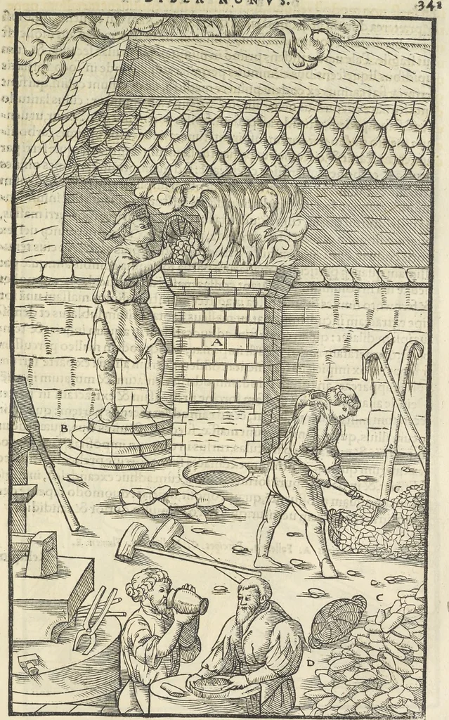 An illustration from Georgii Agricolae De re metallica : libri XII. Quibus officia, instrumenta, machinae, ac omnia deni[que] ad metallicam spectantia, non modo luculentissimè describuntur, sed & per effigies, suis locis infertas, adiunctis latinis, germanicis [que] appellationibus ita ob oculos ponuntur, ut clarius tradi non possint. ; Eiusdem De animantibus subterraneis liber,, 1556, leaf 356