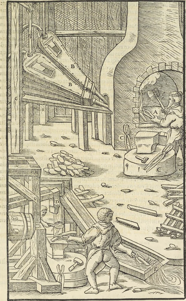 An illustration from Georgii Agricolae De re metallica : libri XII. Quibus officia, instrumenta, machinae, ac omnia deni[que] ad metallicam spectantia, non modo luculentissimè describuntur, sed & per effigies, suis locis infertas, adiunctis latinis, germanicis [que] appellationibus ita ob oculos ponuntur, ut clarius tradi non possint. ; Eiusdem De animantibus subterraneis liber,, 1556, leaf 358