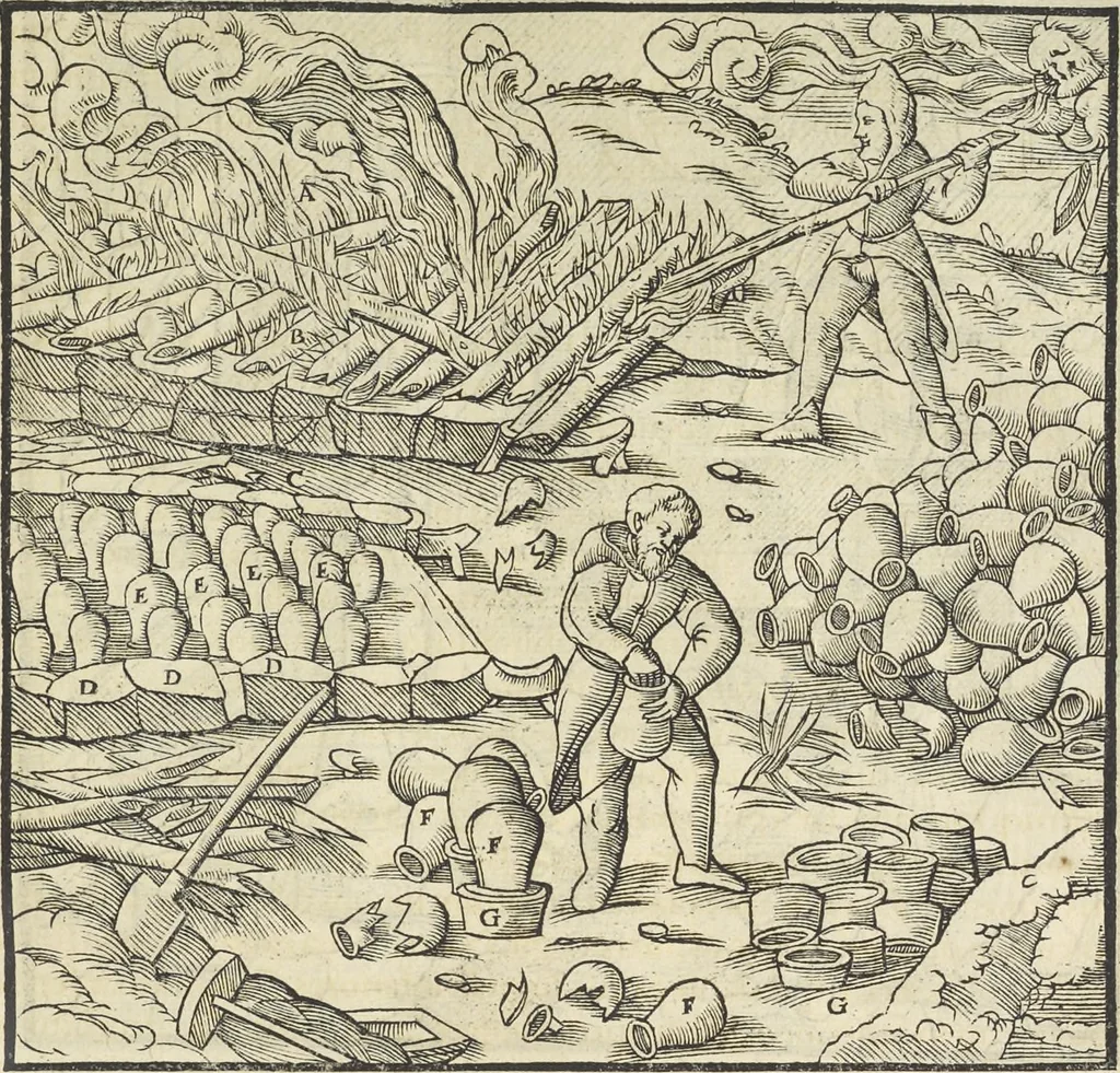 An illustration from Georgii Agricolae De re metallica : libri XII. Quibus officia, instrumenta, machinae, ac omnia deni[que] ad metallicam spectantia, non modo luculentissimè describuntur, sed & per effigies, suis locis infertas, adiunctis latinis, germanicis [que] appellationibus ita ob oculos ponuntur, ut clarius tradi non possint. ; Eiusdem De animantibus subterraneis liber,, 1556, leaf 360