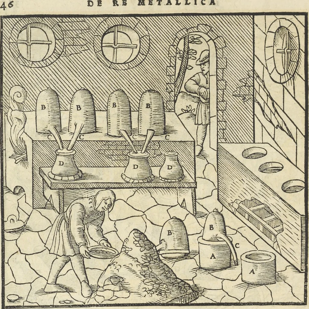 An illustration from Georgii Agricolae De re metallica : libri XII. Quibus officia, instrumenta, machinae, ac omnia deni[que] ad metallicam spectantia, non modo luculentissimè describuntur, sed & per effigies, suis locis infertas, adiunctis latinis, germanicis [que] appellationibus ita ob oculos ponuntur, ut clarius tradi non possint. ; Eiusdem De animantibus subterraneis liber,, 1556, leaf 361