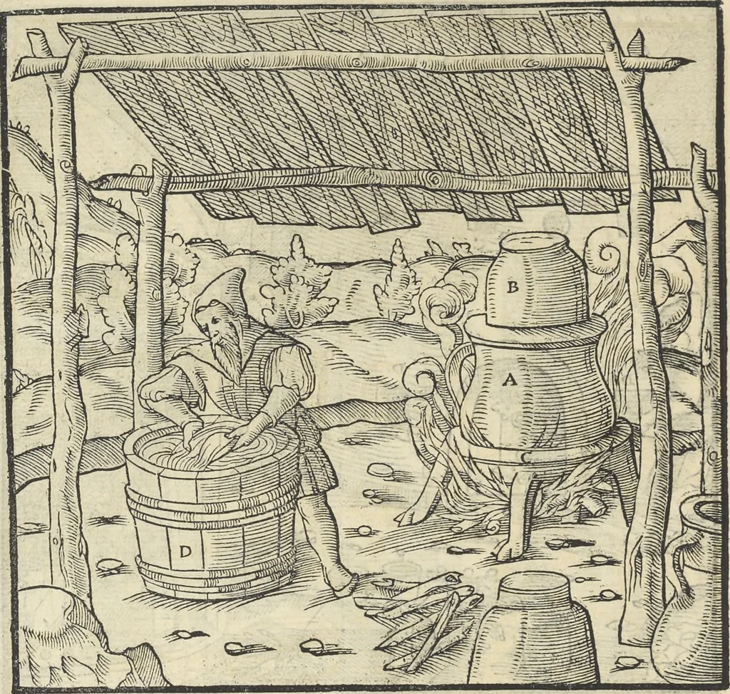 An illustration from Georgii Agricolae De re metallica : libri XII. Quibus officia, instrumenta, machinae, ac omnia deni[que] ad metallicam spectantia, non modo luculentissimè describuntur, sed & per effigies, suis locis infertas, adiunctis latinis, germanicis [que] appellationibus ita ob oculos ponuntur, ut clarius tradi non possint. ; Eiusdem De animantibus subterraneis liber,, 1556, leaf 363