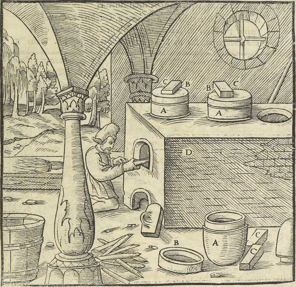An illustration from Georgii Agricolae De re metallica : libri XII. Quibus officia, instrumenta, machinae, ac omnia deni[que] ad metallicam spectantia, non modo luculentissimè describuntur, sed & per effigies, suis locis infertas, adiunctis latinis, germanicis [que] appellationibus ita ob oculos ponuntur, ut clarius tradi non possint. ; Eiusdem De animantibus subterraneis liber,, 1556, leaf 364