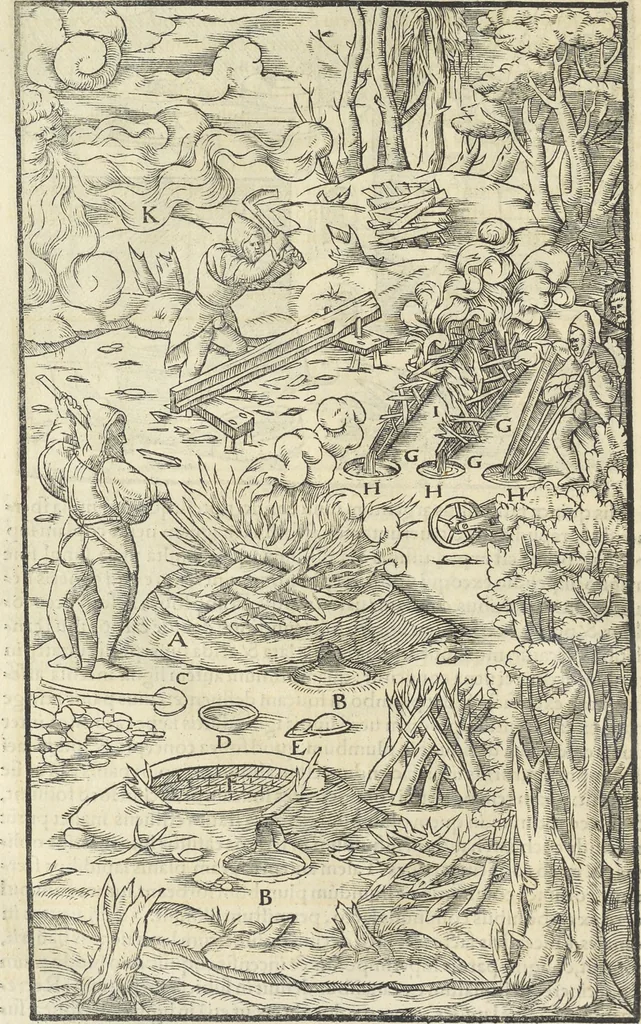 An illustration from Georgii Agricolae De re metallica : libri XII. Quibus officia, instrumenta, machinae, ac omnia deni[que] ad metallicam spectantia, non modo luculentissimè describuntur, sed & per effigies, suis locis infertas, adiunctis latinis, germanicis [que] appellationibus ita ob oculos ponuntur, ut clarius tradi non possint. ; Eiusdem De animantibus subterraneis liber,, 1556, leaf 365