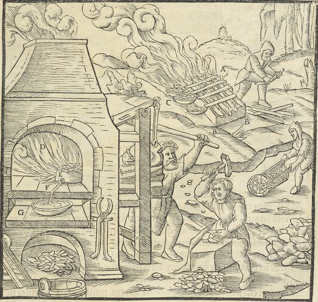 An illustration from Georgii Agricolae De re metallica : libri XII. Quibus officia, instrumenta, machinae, ac omnia deni[que] ad metallicam spectantia, non modo luculentissimè describuntur, sed & per effigies, suis locis infertas, adiunctis latinis, germanicis [que] appellationibus ita ob oculos ponuntur, ut clarius tradi non possint. ; Eiusdem De animantibus subterraneis liber,, 1556, leaf 366