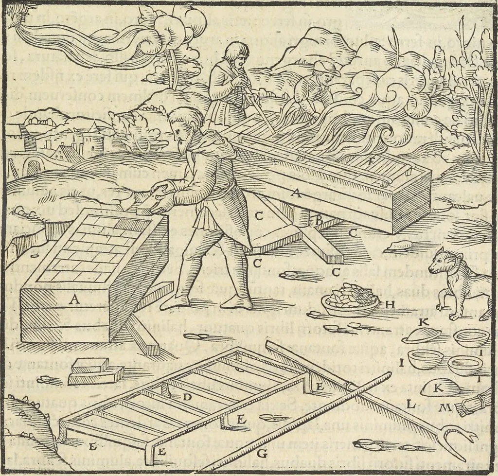 An illustration from Georgii Agricolae De re metallica : libri XII. Quibus officia, instrumenta, machinae, ac omnia deni[que] ad metallicam spectantia, non modo luculentissimè describuntur, sed & per effigies, suis locis infertas, adiunctis latinis, germanicis [que] appellationibus ita ob oculos ponuntur, ut clarius tradi non possint. ; Eiusdem De animantibus subterraneis liber,, 1556, leaf 368