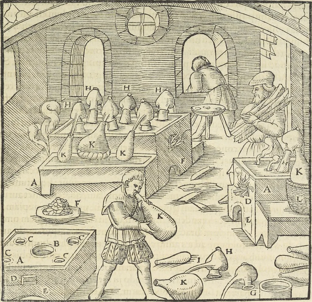 An illustration from Georgii Agricolae De re metallica : libri XII. Quibus officia, instrumenta, machinae, ac omnia deni[que] ad metallicam spectantia, non modo luculentissimè describuntur, sed & per effigies, suis locis infertas, adiunctis latinis, germanicis [que] appellationibus ita ob oculos ponuntur, ut clarius tradi non possint. ; Eiusdem De animantibus subterraneis liber,, 1556, leaf 372