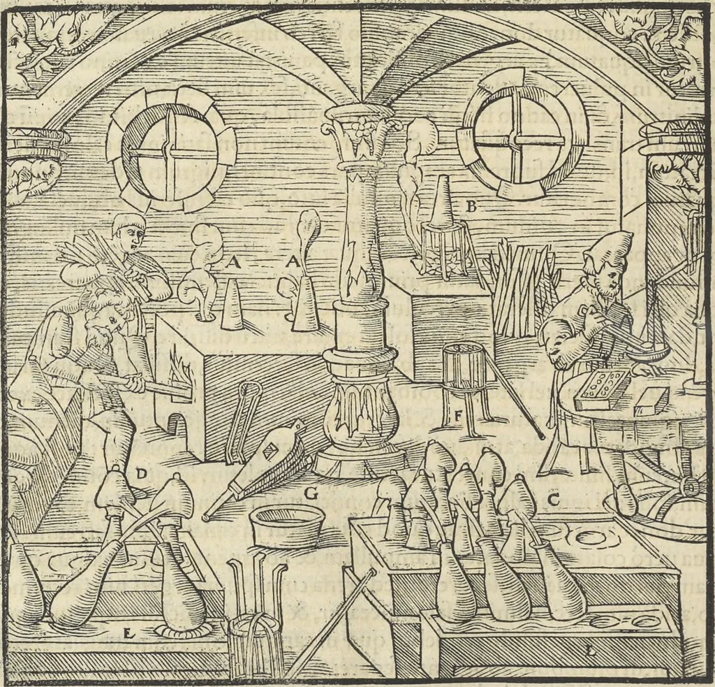 An illustration from Georgii Agricolae De re metallica : libri XII. Quibus officia, instrumenta, machinae, ac omnia deni[que] ad metallicam spectantia, non modo luculentissimè describuntur, sed & per effigies, suis locis infertas, adiunctis latinis, germanicis [que] appellationibus ita ob oculos ponuntur, ut clarius tradi non possint. ; Eiusdem De animantibus subterraneis liber,, 1556, leaf 375