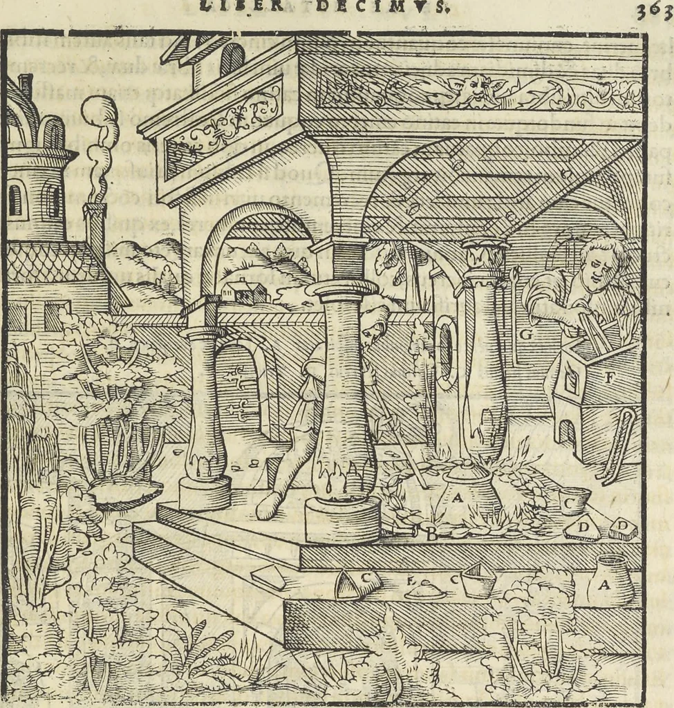 An illustration from Georgii Agricolae De re metallica : libri XII. Quibus officia, instrumenta, machinae, ac omnia deni[que] ad metallicam spectantia, non modo luculentissimè describuntur, sed & per effigies, suis locis infertas, adiunctis latinis, germanicis [que] appellationibus ita ob oculos ponuntur, ut clarius tradi non possint. ; Eiusdem De animantibus subterraneis liber,, 1556, leaf 378