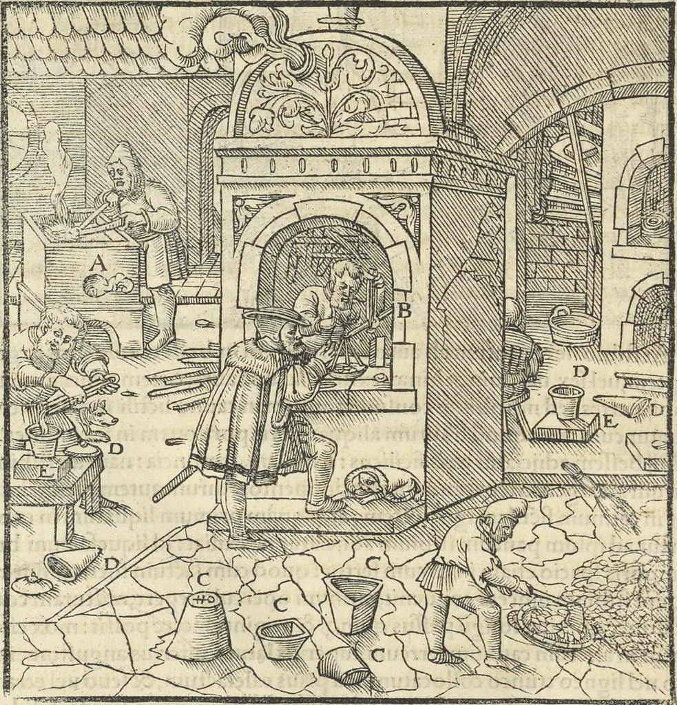 An illustration from Georgii Agricolae De re metallica : libri XII. Quibus officia, instrumenta, machinae, ac omnia deni[que] ad metallicam spectantia, non modo luculentissimè describuntur, sed & per effigies, suis locis infertas, adiunctis latinis, germanicis [que] appellationibus ita ob oculos ponuntur, ut clarius tradi non possint. ; Eiusdem De animantibus subterraneis liber,, 1556, leaf 379