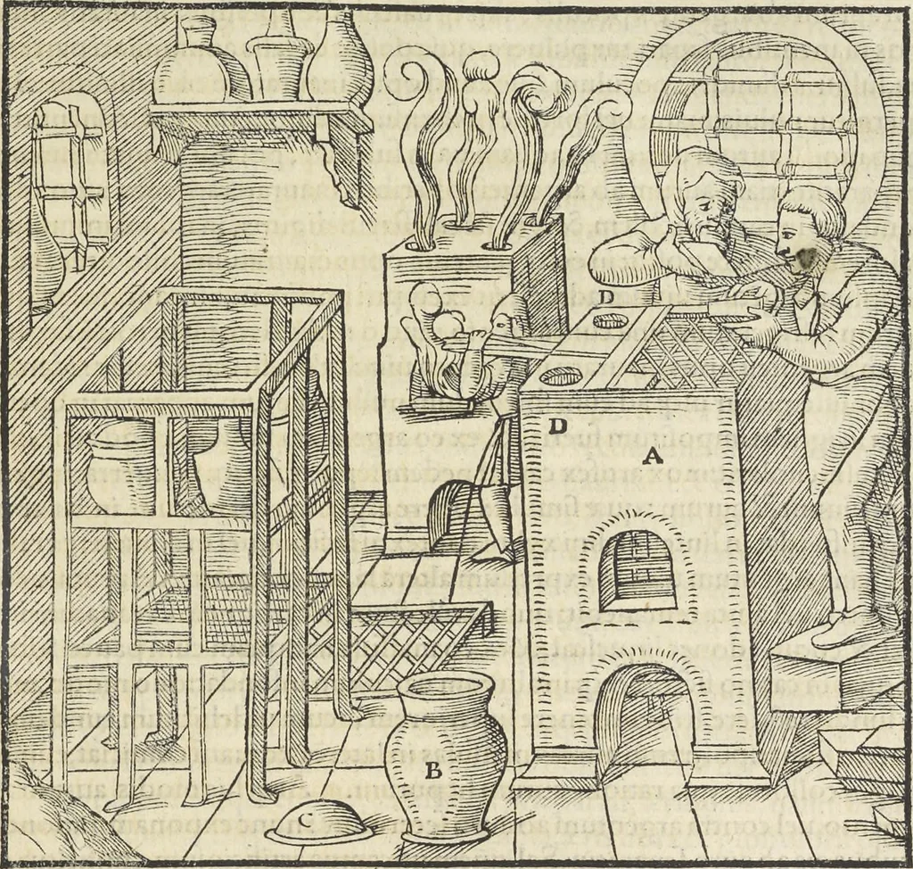 An illustration from Georgii Agricolae De re metallica : libri XII. Quibus officia, instrumenta, machinae, ac omnia deni[que] ad metallicam spectantia, non modo luculentissimè describuntur, sed & per effigies, suis locis infertas, adiunctis latinis, germanicis [que] appellationibus ita ob oculos ponuntur, ut clarius tradi non possint. ; Eiusdem De animantibus subterraneis liber,, 1556, leaf 382