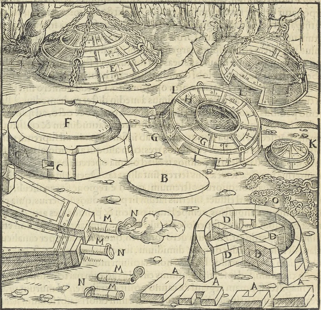 An illustration from Georgii Agricolae De re metallica : libri XII. Quibus officia, instrumenta, machinae, ac omnia deni[que] ad metallicam spectantia, non modo luculentissimè describuntur, sed & per effigies, suis locis infertas, adiunctis latinis, germanicis [que] appellationibus ita ob oculos ponuntur, ut clarius tradi non possint. ; Eiusdem De animantibus subterraneis liber,, 1556, leaf 387