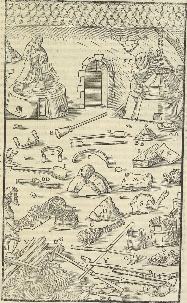 An illustration from Georgii Agricolae De re metallica : libri XII. Quibus officia, instrumenta, machinae, ac omnia deni[que] ad metallicam spectantia, non modo luculentissimè describuntur, sed & per effigies, suis locis infertas, adiunctis latinis, germanicis [que] appellationibus ita ob oculos ponuntur, ut clarius tradi non possint. ; Eiusdem De animantibus subterraneis liber,, 1556, leaf 390