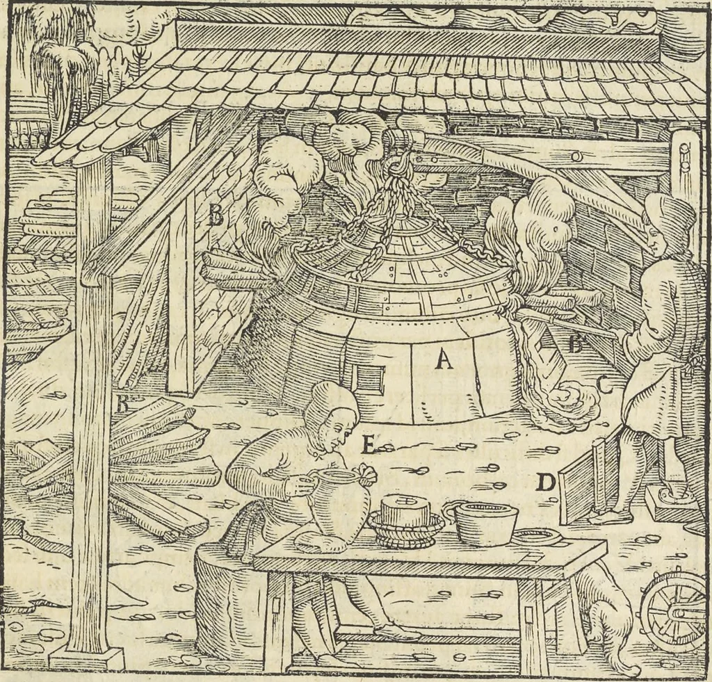 An illustration from Georgii Agricolae De re metallica : libri XII. Quibus officia, instrumenta, machinae, ac omnia deni[que] ad metallicam spectantia, non modo luculentissimè describuntur, sed & per effigies, suis locis infertas, adiunctis latinis, germanicis [que] appellationibus ita ob oculos ponuntur, ut clarius tradi non possint. ; Eiusdem De animantibus subterraneis liber,, 1556, leaf 392