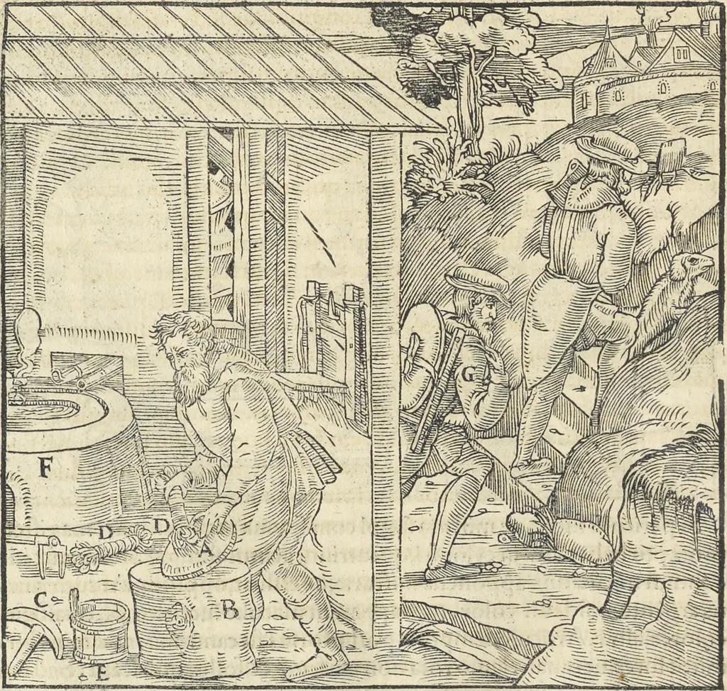 An illustration from Georgii Agricolae De re metallica : libri XII. Quibus officia, instrumenta, machinae, ac omnia deni[que] ad metallicam spectantia, non modo luculentissimè describuntur, sed & per effigies, suis locis infertas, adiunctis latinis, germanicis [que] appellationibus ita ob oculos ponuntur, ut clarius tradi non possint. ; Eiusdem De animantibus subterraneis liber,, 1556, leaf 393