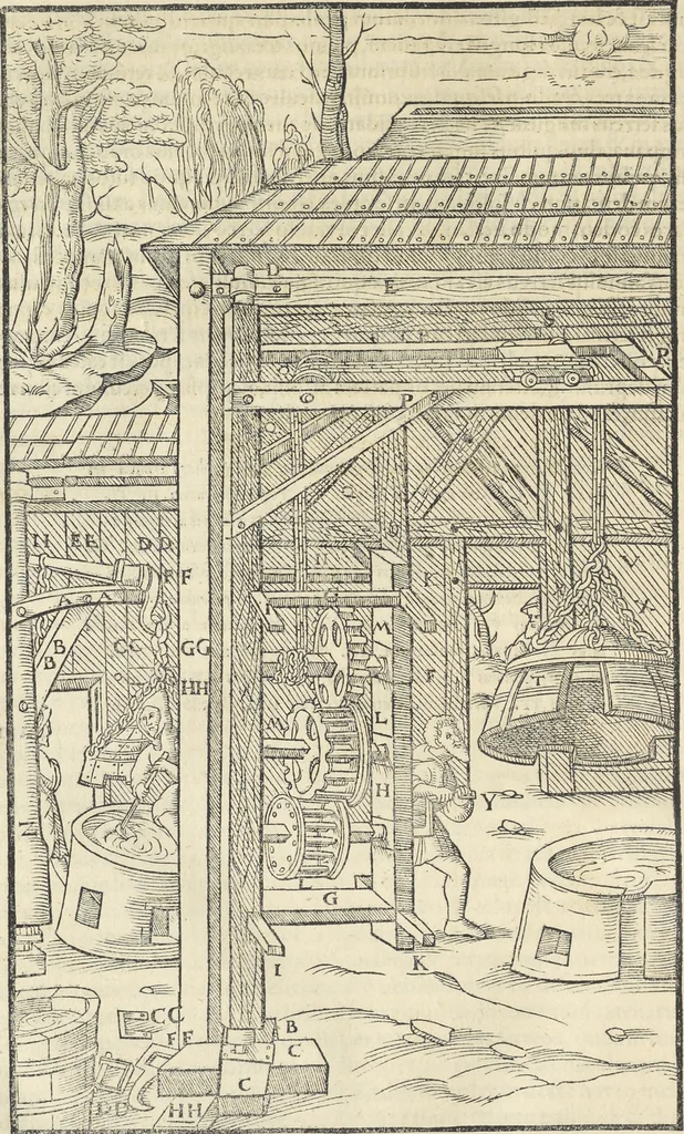 An illustration from Georgii Agricolae De re metallica : libri XII. Quibus officia, instrumenta, machinae, ac omnia deni[que] ad metallicam spectantia, non modo luculentissimè describuntur, sed & per effigies, suis locis infertas, adiunctis latinis, germanicis [que] appellationibus ita ob oculos ponuntur, ut clarius tradi non possint. ; Eiusdem De animantibus subterraneis liber,, 1556, leaf 397
