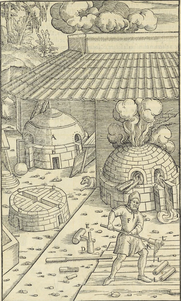 An illustration from Georgii Agricolae De re metallica : libri XII. Quibus officia, instrumenta, machinae, ac omnia deni[que] ad metallicam spectantia, non modo luculentissimè describuntur, sed & per effigies, suis locis infertas, adiunctis latinis, germanicis [que] appellationibus ita ob oculos ponuntur, ut clarius tradi non possint. ; Eiusdem De animantibus subterraneis liber,, 1556, leaf 399
