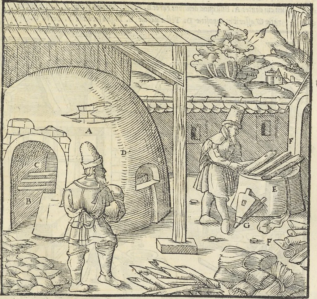 An illustration from Georgii Agricolae De re metallica : libri XII. Quibus officia, instrumenta, machinae, ac omnia deni[que] ad metallicam spectantia, non modo luculentissimè describuntur, sed & per effigies, suis locis infertas, adiunctis latinis, germanicis [que] appellationibus ita ob oculos ponuntur, ut clarius tradi non possint. ; Eiusdem De animantibus subterraneis liber,, 1556, leaf 400