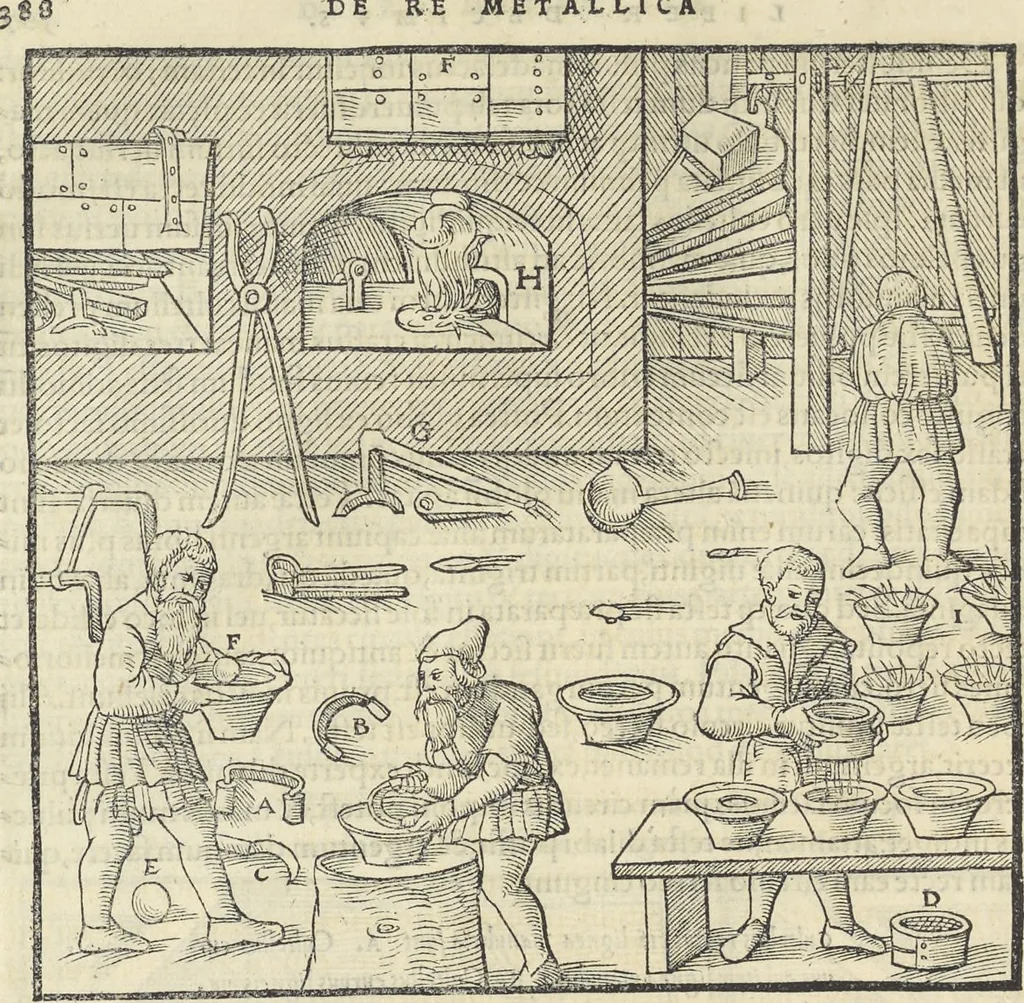 An illustration from Georgii Agricolae De re metallica : libri XII. Quibus officia, instrumenta, machinae, ac omnia deni[que] ad metallicam spectantia, non modo luculentissimè describuntur, sed & per effigies, suis locis infertas, adiunctis latinis, germanicis [que] appellationibus ita ob oculos ponuntur, ut clarius tradi non possint. ; Eiusdem De animantibus subterraneis liber,, 1556, leaf 403