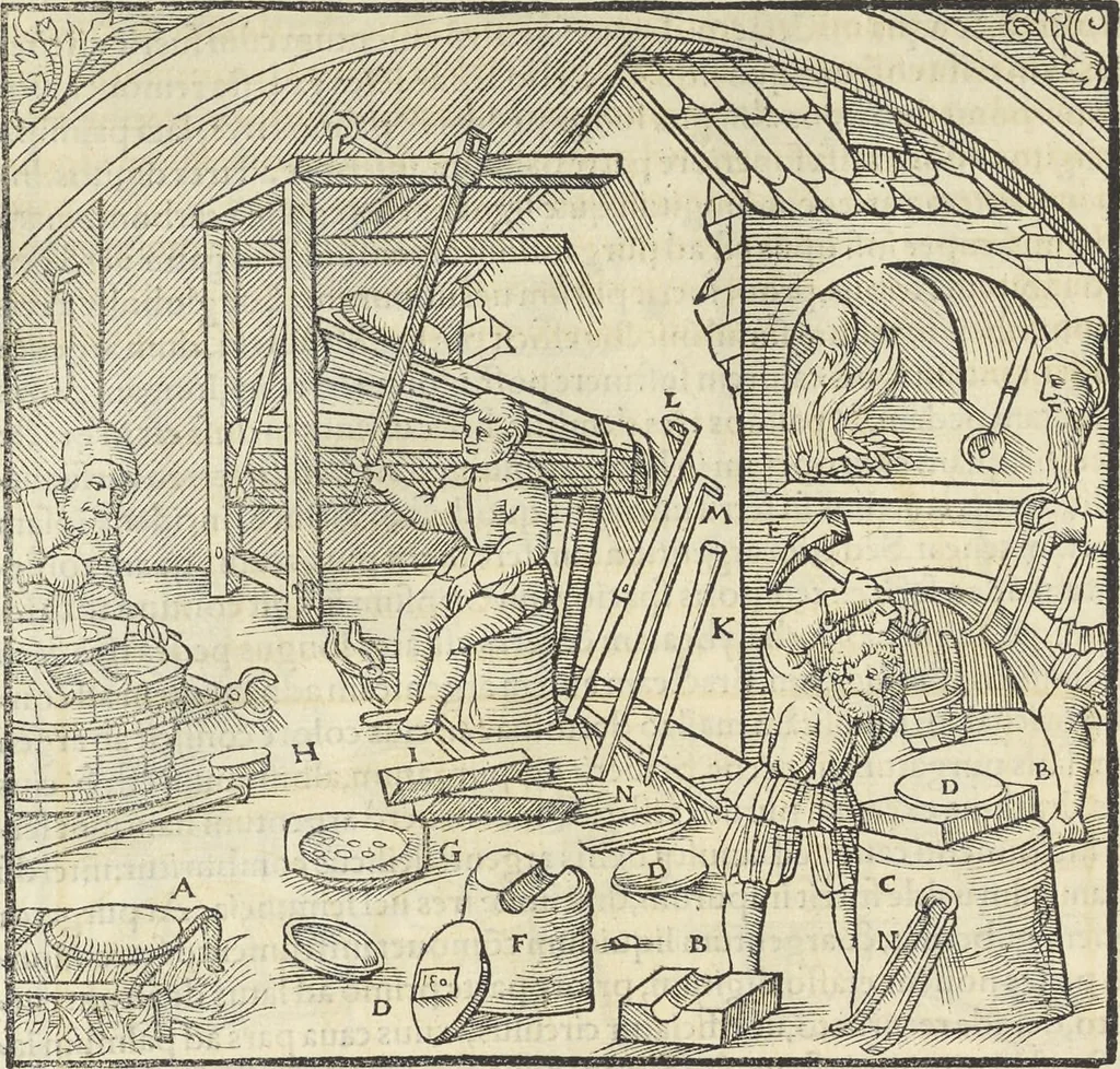 An illustration from Georgii Agricolae De re metallica : libri XII. Quibus officia, instrumenta, machinae, ac omnia deni[que] ad metallicam spectantia, non modo luculentissimè describuntur, sed & per effigies, suis locis infertas, adiunctis latinis, germanicis [que] appellationibus ita ob oculos ponuntur, ut clarius tradi non possint. ; Eiusdem De animantibus subterraneis liber,, 1556, leaf 405