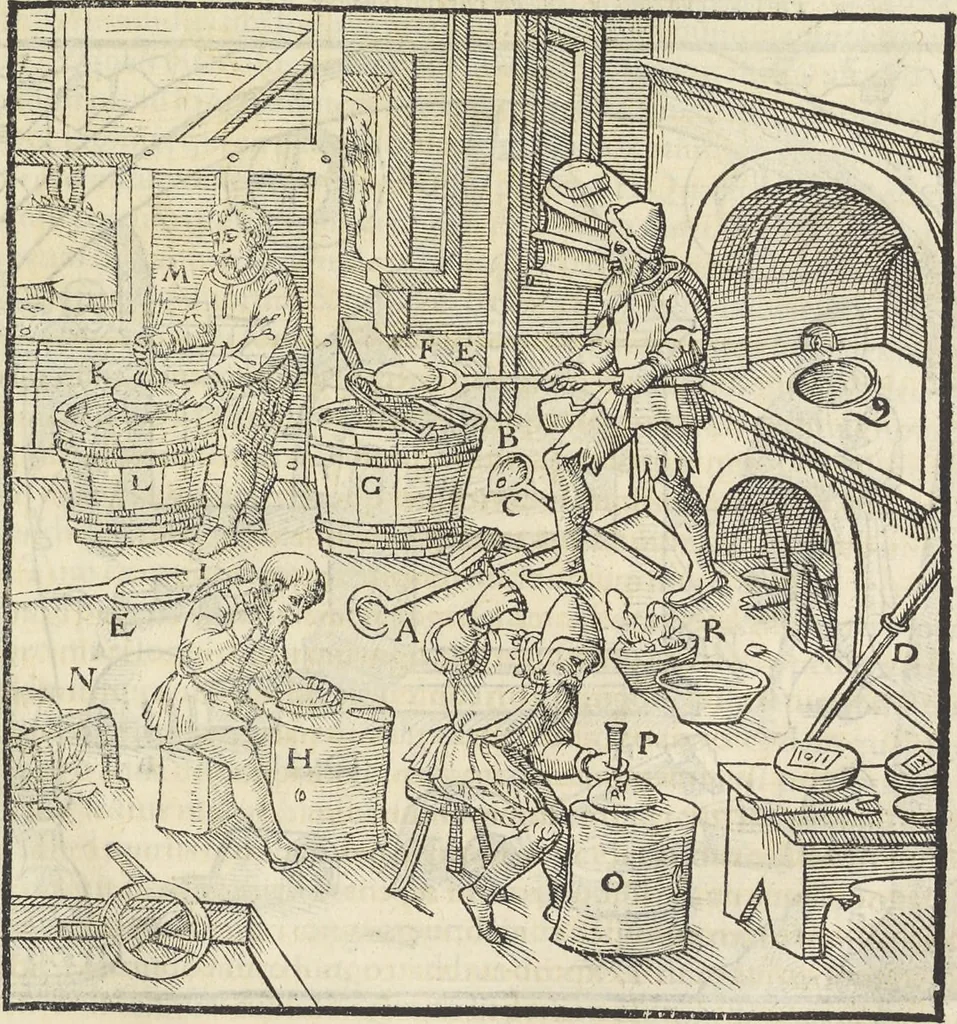An illustration from Georgii Agricolae De re metallica : libri XII. Quibus officia, instrumenta, machinae, ac omnia deni[que] ad metallicam spectantia, non modo luculentissimè describuntur, sed & per effigies, suis locis infertas, adiunctis latinis, germanicis [que] appellationibus ita ob oculos ponuntur, ut clarius tradi non possint. ; Eiusdem De animantibus subterraneis liber,, 1556, leaf 406