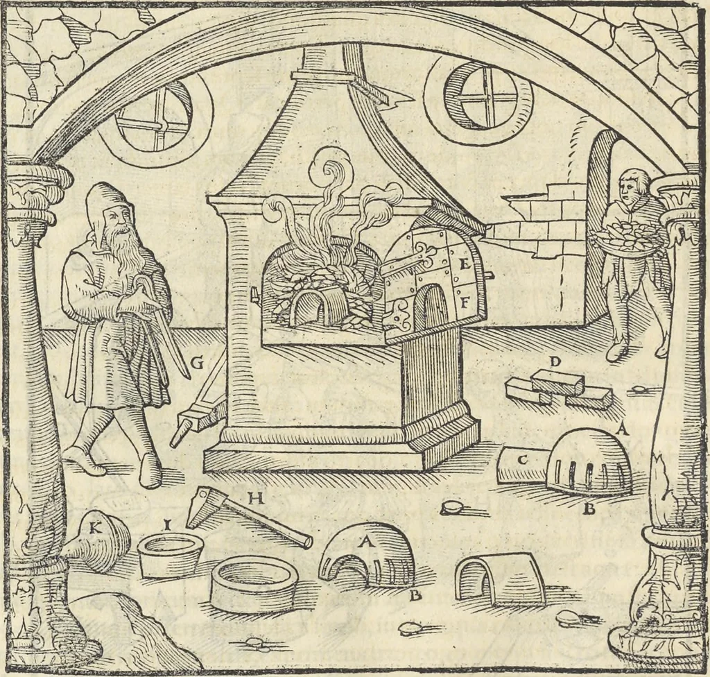 An illustration from Georgii Agricolae De re metallica : libri XII. Quibus officia, instrumenta, machinae, ac omnia deni[que] ad metallicam spectantia, non modo luculentissimè describuntur, sed & per effigies, suis locis infertas, adiunctis latinis, germanicis [que] appellationibus ita ob oculos ponuntur, ut clarius tradi non possint. ; Eiusdem De animantibus subterraneis liber,, 1556, leaf 407